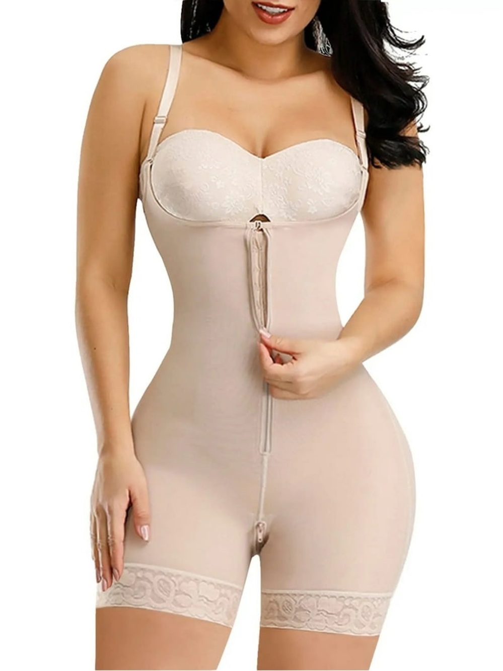 FAJAS High Compression Full Body Shaper Open Bust Lace Thigh Beige M NWT